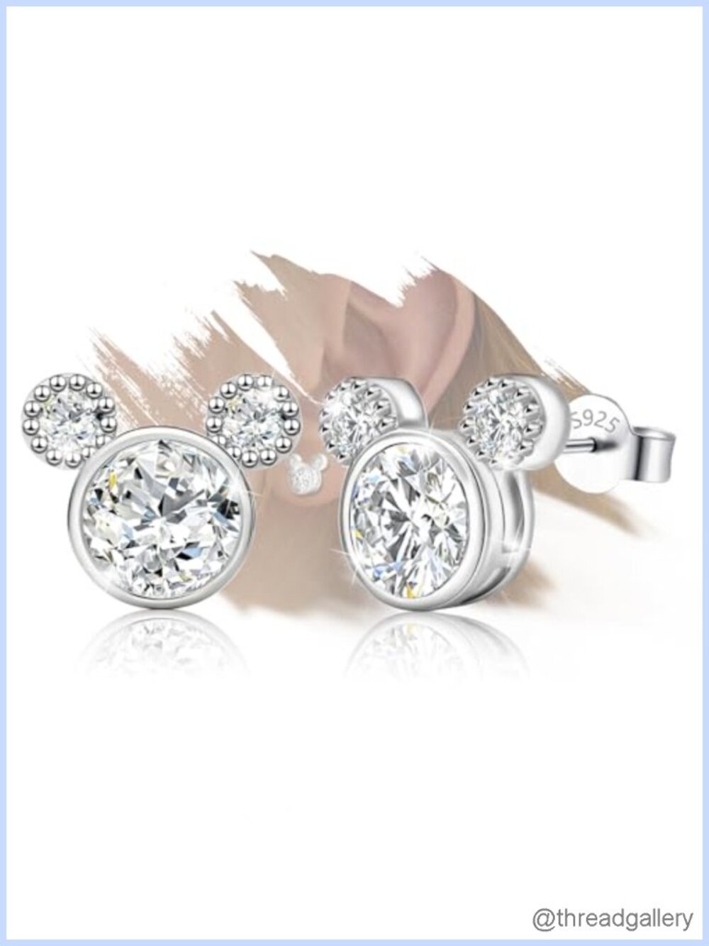 Sterling Silver Mouse Stud Earrings Hypoallergenic Cubic Zirconia